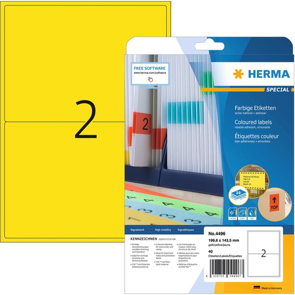 Etiket HERMA 4496 199.6x143.5mm geel 40 stuks