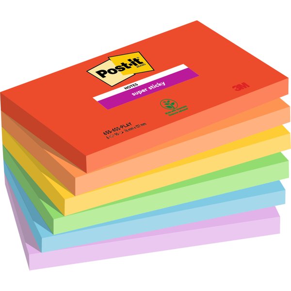 Memoblok Post-it 655 Super Sticky 76x127mm Playful 6 stuks