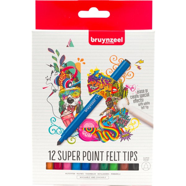 Viltstift Bruynzeel Super Point met witte wisstift assorti 12 stuks