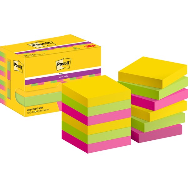 Memoblok Post-it 622 Super Sticky 47,6x47,6mm Carnival 12 stuks
