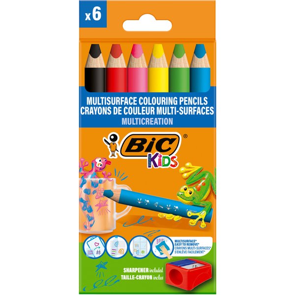 Kleurpotloden BicKids Multi Surface inclusief puntenslijper assorti pak à 6 stuk