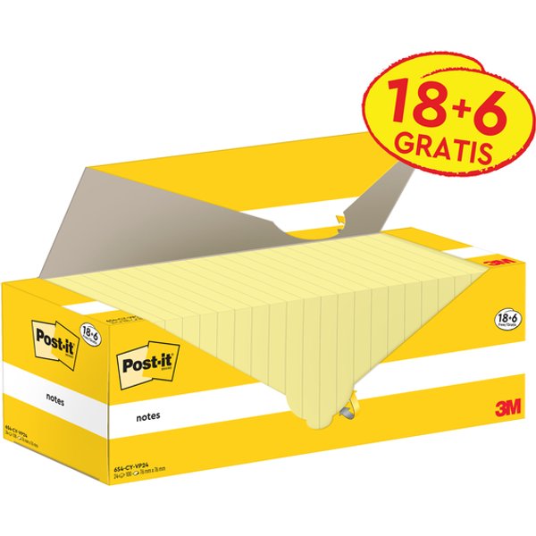 Memoblok 3M Post-it 654-CY 76x76mm geel voordeelpak