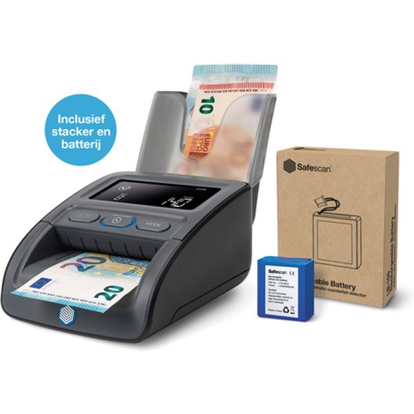 Valsgeld detector Safescan 155-S G2 complete set met oplaadbare batterij en biljetten stacker