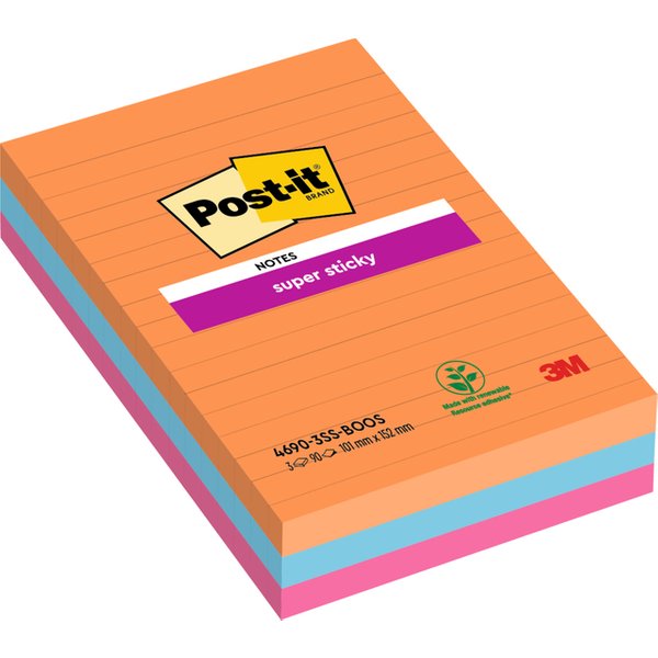Memoblok Post-it 4690 Super Sticky 101x152mm lijn Bangkok 3 stuks