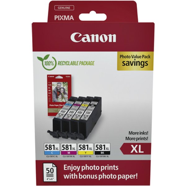 Inktcartridge Canon CLI-581XL 4 kleuren + papier