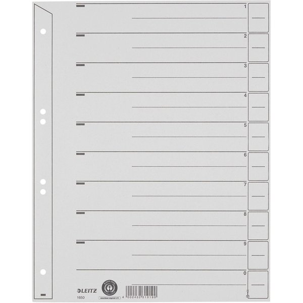 Scheidingsbladen Leitz A4 karton 200gr 6-gaats grijs 100 stuks