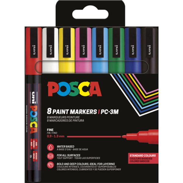 Paintmarker Uni POSCA PC3M fijn assorti set à 8 stuks