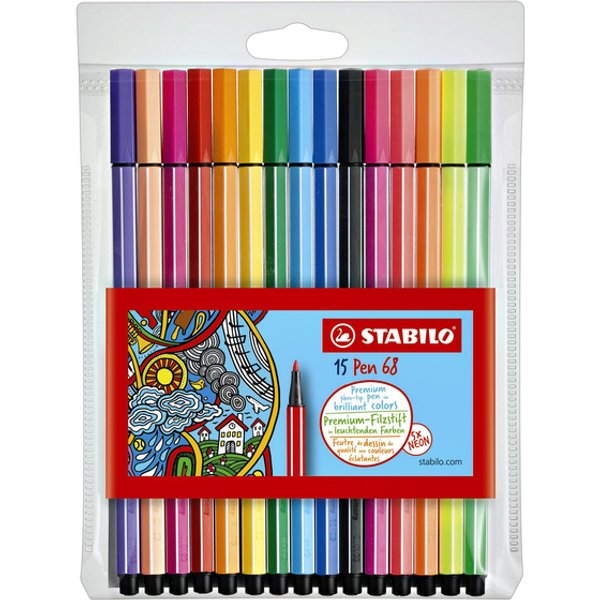 Viltstift STABILO Pen 68/15 medium assorti etui à 10+5 neon kleuren