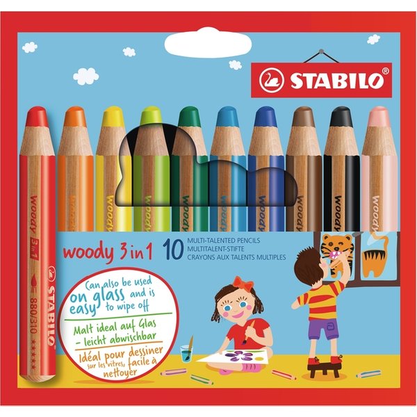 Kleurpotloden STABILO 880 woody 3 in 1 assorti etui à 10 stuks