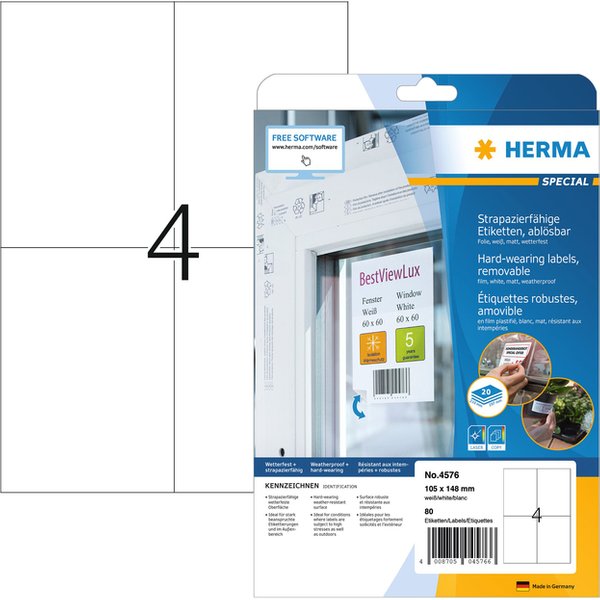 Etiket HERMA 4576 105x148mm folie wit 80 stuks