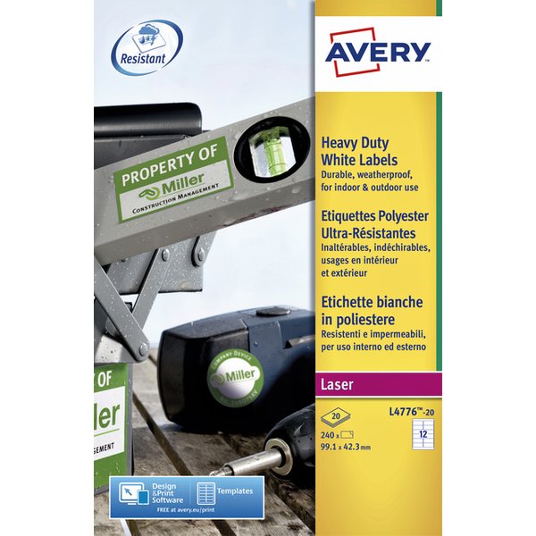 Etiket Avery L4776-20 99.1x42.3mm polyester wit 240 stuks