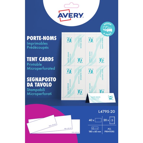 Tafelnaambord Avery L4795-20 180x60mm wit 20 stuks