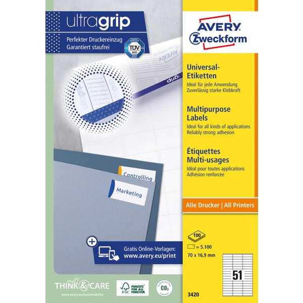 Avery-Zweckform 3420 Universele etiketten 70 x 16.9 mm Papier Wit 5100 stuk(s) Permanent hechtend Inkjet, Laser (zwart/wit), Laser (kleur), Kopiëren