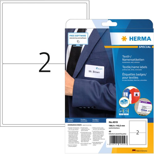 Herma 4519 199.6 x 143.5 mm Acetaatzijde Wit 40 stuk(s) Weer verwijderbaar Naametiketten