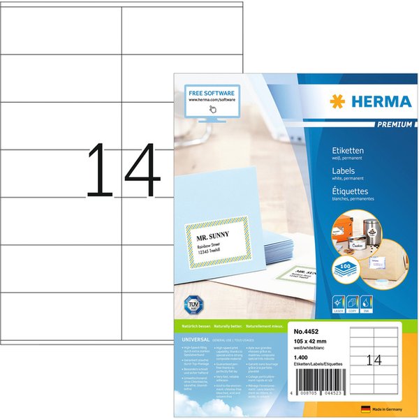 Etiket HERMA 4452 105x42mm premium wit 1400 stuks