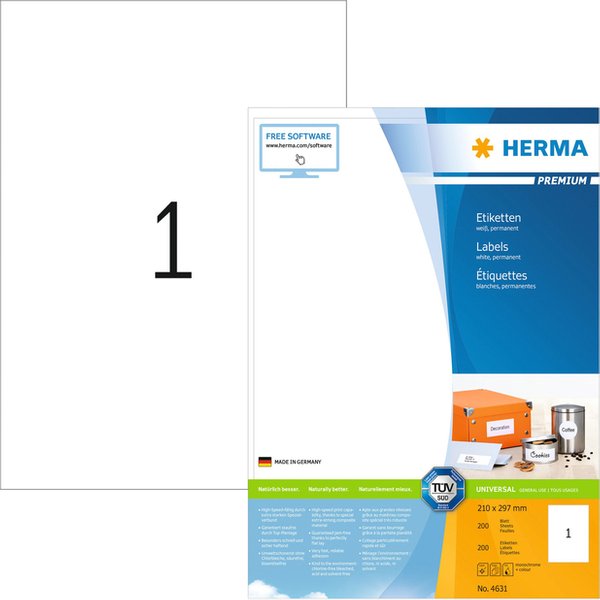 Etiket HERMA 4631 210x297mm A4 premium wit 200 stuks