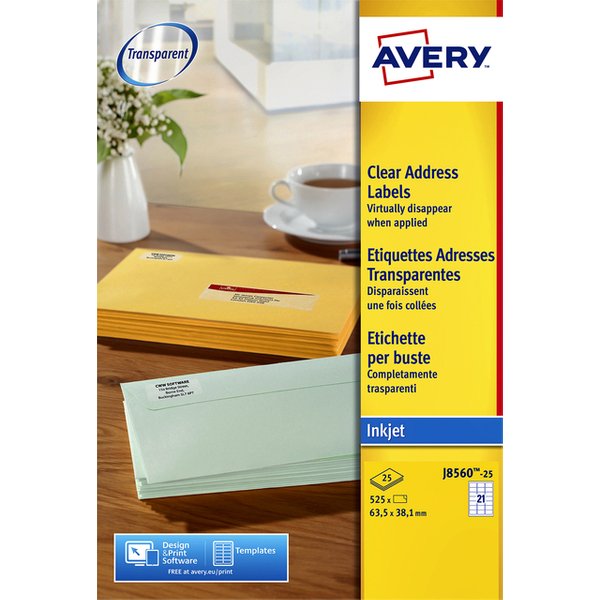 Etiket Avery J8560-25 63.5x38.1mm transparant 525 stuks