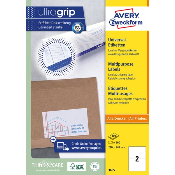 Avery-Zweckform 3655 Universele etiketten 210 x 148 mm Papier Wit 200 stuk(s) Permanent hechtend Inkjet, Laser (zwart/wit), Laser (kleur), Kopiëren