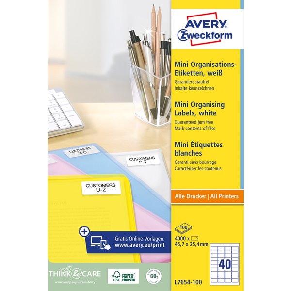 Etiket Avery L7654-100 45.7x25.4mm wit 4000 stuks