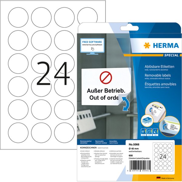 Etiket HERMA 5066 40mm verwijderbaar wit 600 stuks