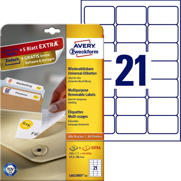 Avery-Zweckform Universele etiketten L6023REV-25 (N/A ),Wit, Rechthoek, Afgeronde hoeken, 630 stuk(s), Weer verwijderbaar