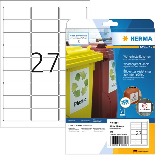 Etiket HERMA 4864 63.5x29.6mm weerbestendig wit 270 stuks