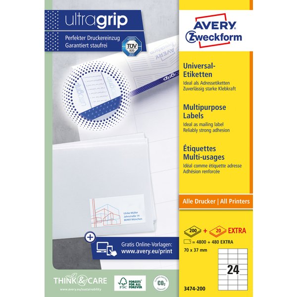 Avery-Zweckform 3474-200 Universele etiketten 70 x 37 mm Papier Wit 5280 stuk(s) Permanent hechtend Laser (kleur)