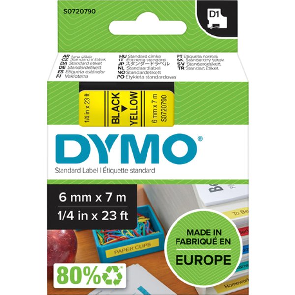 Etiketten DYMO D1 43618 Polyester Tapekleur: Geel Tekstkleur:Zwart 6 mm 7 m