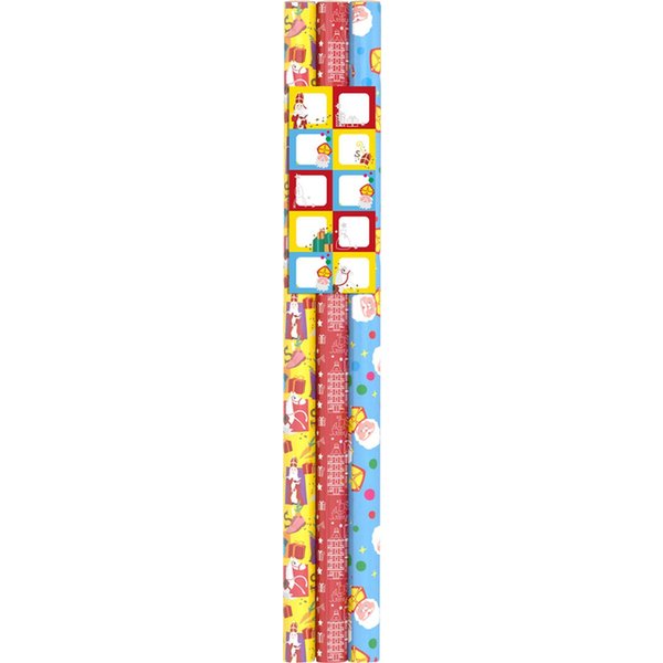 Inpakpapier Sint 200x70cm set à 3 rollen + stickervel met 10 etiketten assorti