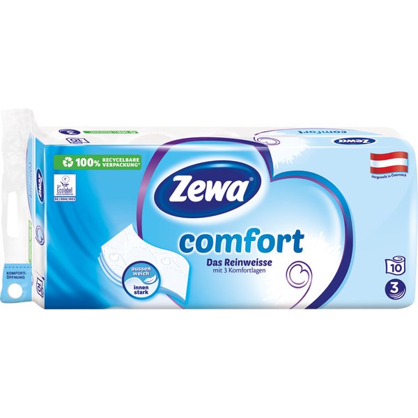Zewa Comfort Das Reinweisse, Toilettenpapier 3-lagig, weiß bedruckt mit Prägung, 10 x 150 Blatt