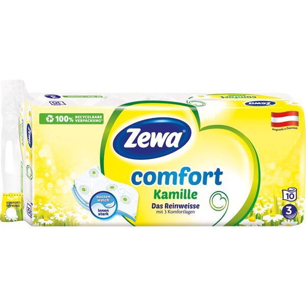 Zewa Comfort Kamille Das Reinweisse, Toilettenpapier 3-lagig, weiß mit Prägung, 10 x 150 Blatt