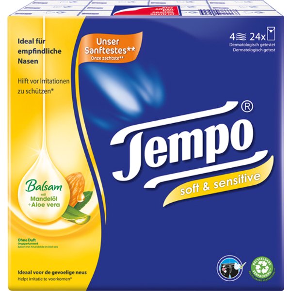 Tempo Soft & Sensitive Balsam Taschentücher mit Mandelöl & Aloe Vera, 4-lagig, 24 x 9 Stück, waschmaschinenfest