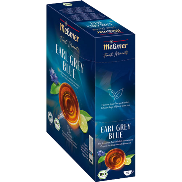 Meßmer Finest Moments Bio Earl Grey Blue, Schwarzer Tee, Teebeutel im Kuvert, 2. Entnahmefach/displaytauglich, 37,5g