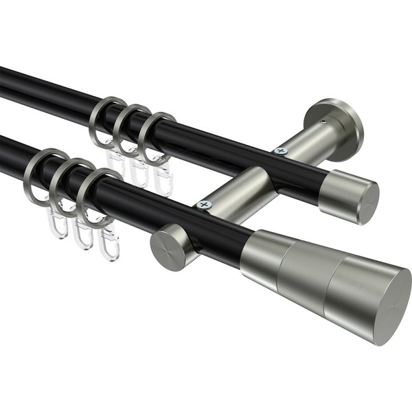 Gardinenstangen Schwarz / Edelstahl-Optik, Metall 20 mm Ø Platon Tanara, 2-läufig