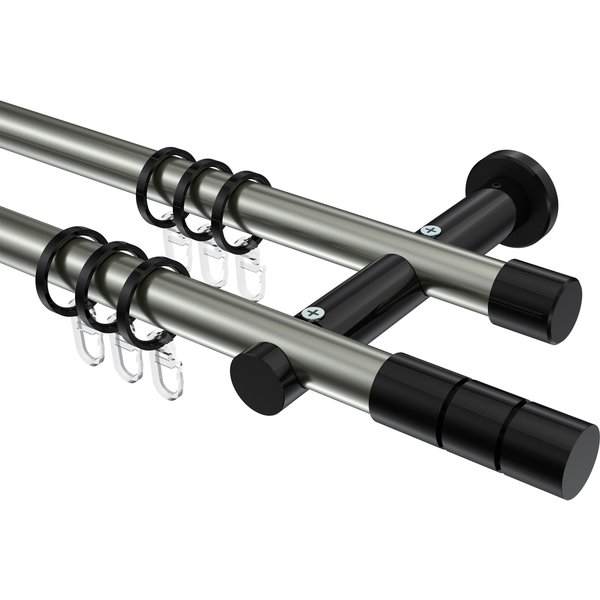 Gardinenstangen Edelstahl-Optik / Schwarz, Metall 20 mm Ø Platon Elanto, doppelläufig