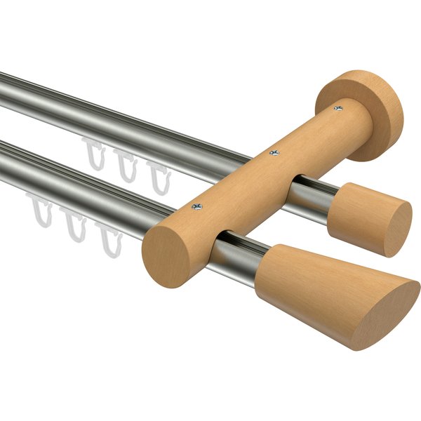 Innenlauf-Gardinenstangen Edelstahl-Optik / Buche 20 mm Ø zweiläufig Talent Bero Aluminium / Holz