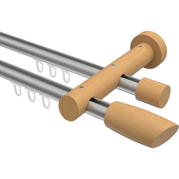 Innenlauf-Gardinenstange Silbergrau / Buche 20 mm Ø zweiläufig Talent Etta Aluminium / Holz