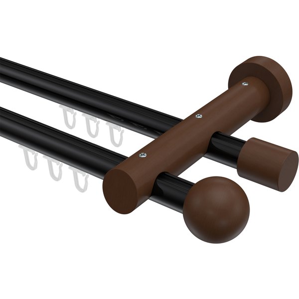 Innenlauf-Vorhangstangen Schwarz / Nussbaum 20 mm Ø doppelläufig Talent Luina Aluminium / Holz