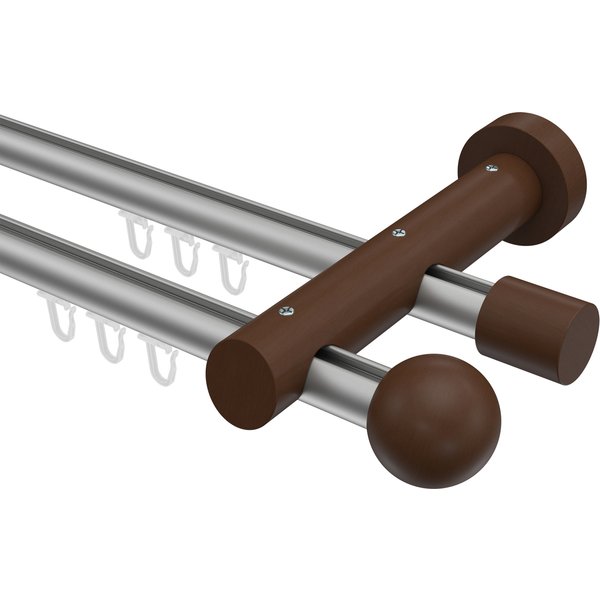 Innenlauf-Vorhangstange Silbergrau / Nussbaum 20 mm Ø 2-läufig Talent Luina Aluminium / Holz
