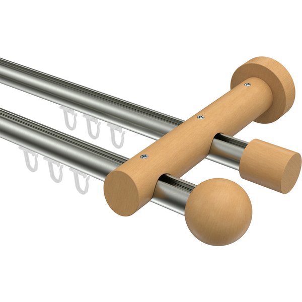 Innenlauf-Vorhangstangen Edelstahl-Optik / Buche 20 mm Ø 2-läufig Talent Luina Aluminium / Holz