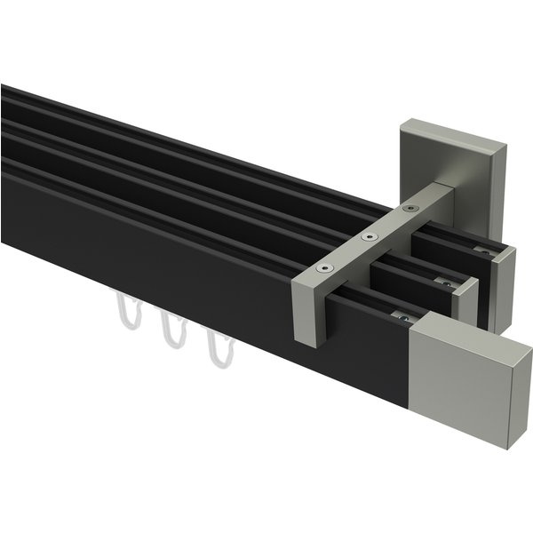 Innenlauf-Gardinenstange Schwarz / Edelstahl-Optik 3-läufig kantiges Design Smartline Lox