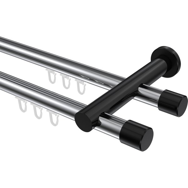 Innenlauf-Gardinenstangen Chrom / Schwarz, Aluminium / Metall 20 mm Ø Platon Santo, zweiläufig