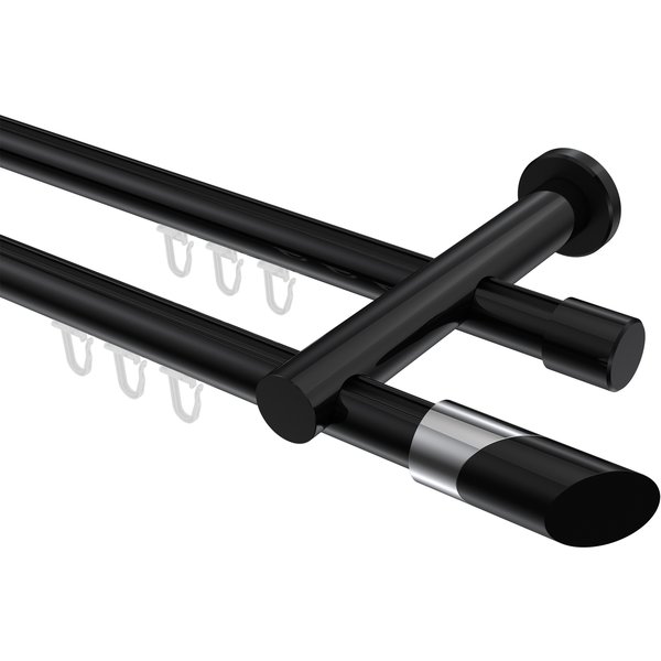 Innenlauf-Gardinenstange Schwarz, Aluminium / Metall 20 mm Ø Platon Verano, doppelläufig