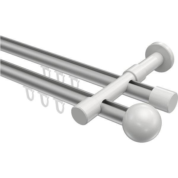 Innenlauf-Vorhangstangen Silbergrau / Weiß, Metall 20 mm Ø Prestige Luino, doppelläufig