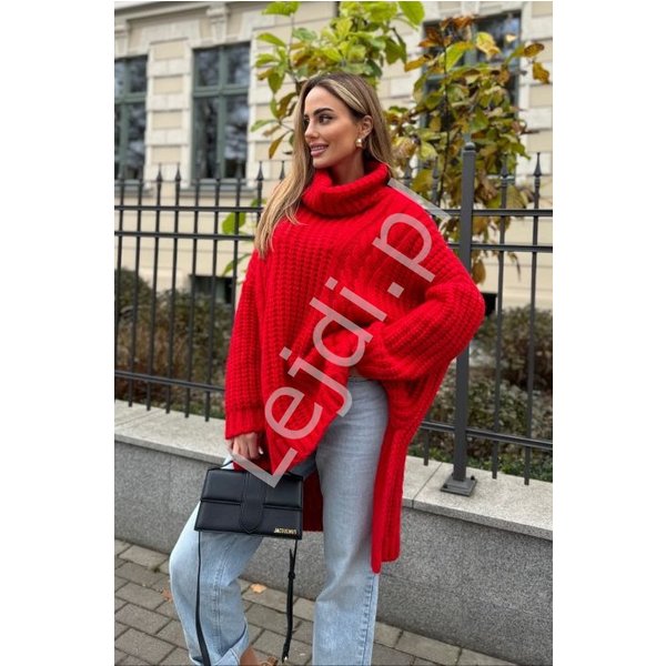 DłUgi Oversizowy Czerwony Sweter Damski Z Golfem Sophia, Polski Producent-image