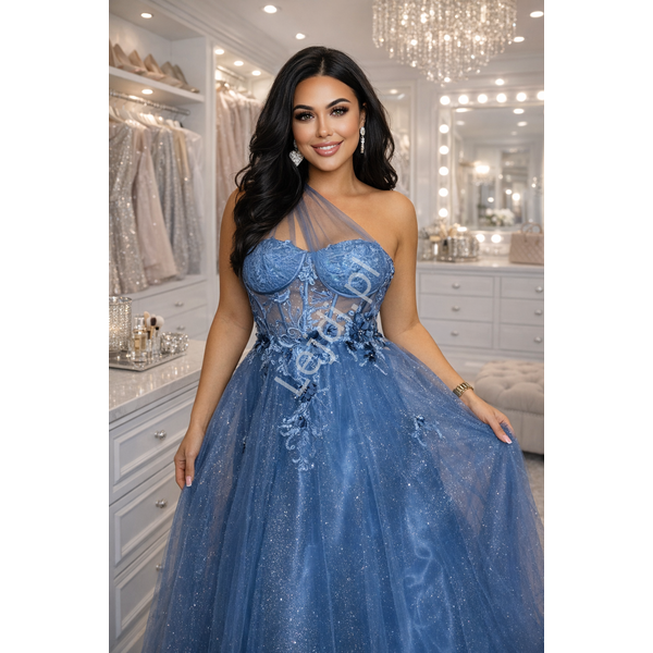 Sukienka Na Wesele, StudnióWkę Bale Princess Dress Sukienka Tiulowa Z Kwiatkami, Koralikami Jeansowo Niebieska-image