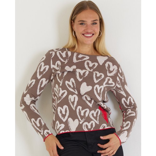 Baumwollpullover in Taupe mit Herzen