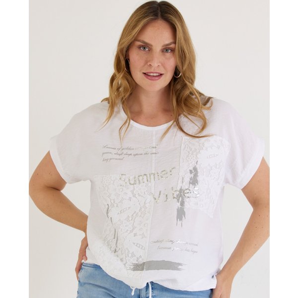 Materialmix Shirt in Weiß mit Spitze