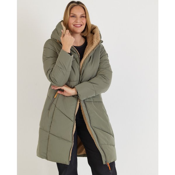 Lange Steppjacke in Khaki mit Teddy-Kapuze
