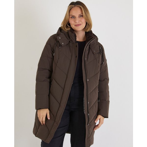 Braune Kapuzen Steppjacke mit Fellkragen